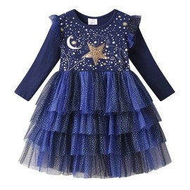 DXTON Kids Girls Dresses Long Sleeve Toddler Winter Party Tutu Dresses for 2-8T Navy,4T