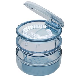 Coolrunner 2-in-1 Retainer Case Denture Case Retainer Cleaning Case, Denture Cup with Strainer, Leak Proof Denture Cup Soaking Holder for Dentures, Mouth Guard, Night Guard & Retainers (Blue)