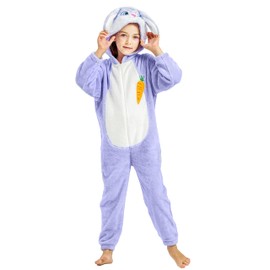 IKALI Girls Rabbit Pyjamas Animal Onesie for Children Hoodie Jumpsuit Easter Role Play Violet Costume Party Outfit