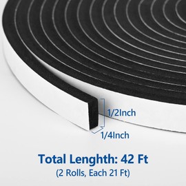 Kikerike Self Adhesive Foam Tape Weatherstrip 1/2In x 1/4In x 42Ft High Density Foam Insulation Strips Seal Weather Stripping with Strong Adhesive for Door and Window Sound Isolation Soundproofing