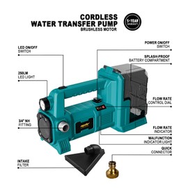 Cordless Water Transfer Pump Compatible with Makita 18V Battery (Tool Only), 540GPH Brushless Self Priming Pump, Utility Pump for Pool Draining, Pond, Watering Garden