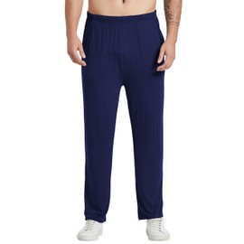 JINSHI 2 Pack Men's Pajama Pants Long Modal Pj Pants Elastic Waist Pajama Bottoms Lightweight Sleep Pant with Pockets (XL,Black/Navy Blue)