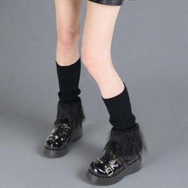Urieo Faux Fur Warm Leg Warmers Furry Black Knitted Long Footless Socks Fluffy Boot Cuff Winter Knit Fuzzy High Leg Sleeves for Women