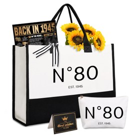 Lamyba - Regalos de 80 cumpleaños para ella, decoraciones de cumpleaños de los 80 para mujeres, esposa, mamá, amigas, hermana, bolsa de mano no 80 y bolsa de cosméticos y póster en 1945