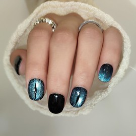 ChicPalette Press On Nails - Short Squoval Green Cat Eye Press On Fake Best Acrylic Strong Reusable Premium Nails with Designs Charms Long Lasting (Devil's Eye,S)