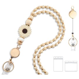 MyfavoriteK Badge Reel Flower Wooden Teacher Lanyards for Id Badge Cute Beaded Lanyards for Women for Student Nurse (Beige)