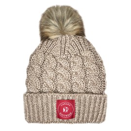 Canada Knitwear Cable Knit Winter Hat for Women Faux Fur Pompom Beanie Toque (Beige)