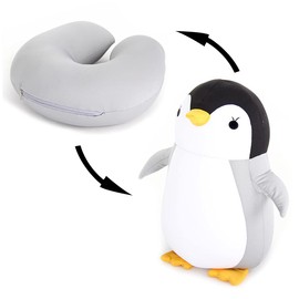 JFAN 2 in 1 Neck Pillow for Travel Cartoon Animal Convertible Travel Pillow for Airplane Holiday, Grey penguin