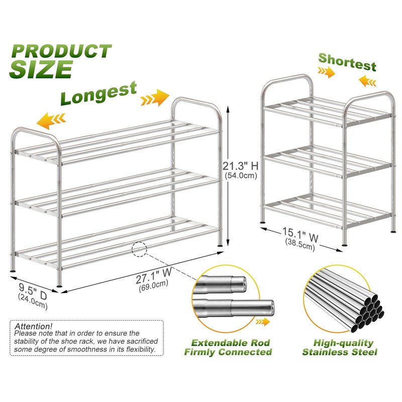 SKIKEN 3-Tier Stainless Steel Shoe Rack - 4-Rod Extendable &