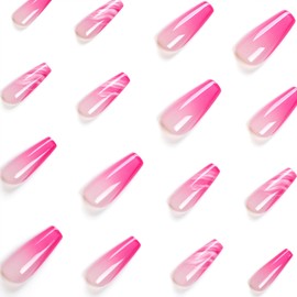 Pink Ombre Press on Nails Extra Long Ballerina French Nails Marble Pattern Coffin Nails Glossy Artificial Fake Nails with Glue on Nails Reusable Stick on Nails for Women DIY Charm Nail Art Supplies