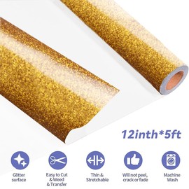 LetCartMaker Glitter Heat Transfer Vinyl, 12" x 5ft Glitter HTV Vinyl Roll, Gold, 1 Piece