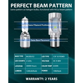 AURORIONCG BA20D Bulbs White S2 Motorcycle Headlight Bulbs High Low Beam 1200LM 6500K DC 9-80V (Pack of 2)