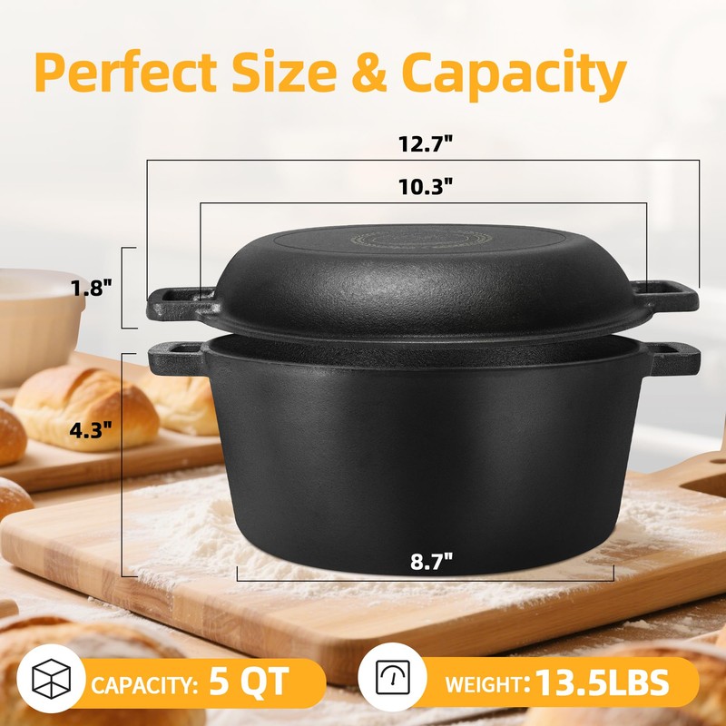 Pre-Seasoned Dutch Oven for Bread Baking, 5 QT Cast Iron
