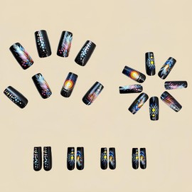 FIEONCIY Press on Nails Square Shaped Glossy Full Cover Acrylic Medium Length Square False Nails with Designs Artificial Short Coffin Fake Nails with Charms Glue ons Fingernails for Women Girls(Y446)