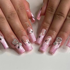 BABALAL Coffin Press on Nails Long French Fake Nails Pink Glossy Glue on Nails with Flower Design Acrylic Nails 24Pcs Long Nails