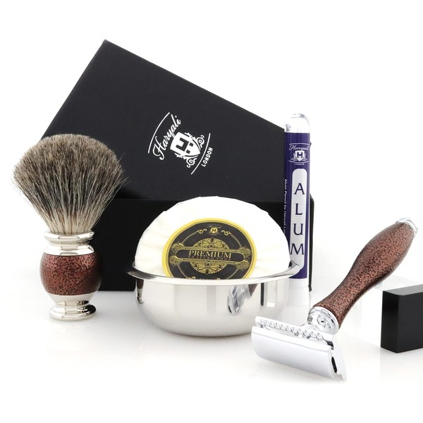Haryali London Shaving Kit – 5 Pc Shaving Kit – Double Edge Safety Razor - Super Badger Shaving Brush – Shaving Soap – Shaving Bowl – Alum – Antique Maroon Color Shaving Set as Gift