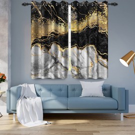 TYLCLTX Black Gold Marble Blackout Curtains for Bedroom Living Room Thermal Insulation Marble Window Curtain 2 Panels Stainless Silver Grommets Room Darkening Drapes 42x63inch