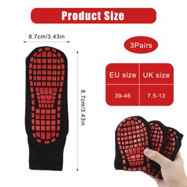 3 Pairs of Men's Non-Slip Socks, Yoga Socks with Nubs, ABS Non-Slip Socks, Cotton Pilates Socks, Non-Slip Middle Tube Socks for Yoga, Fitness, Trampoline, Sizes 39-46, Black