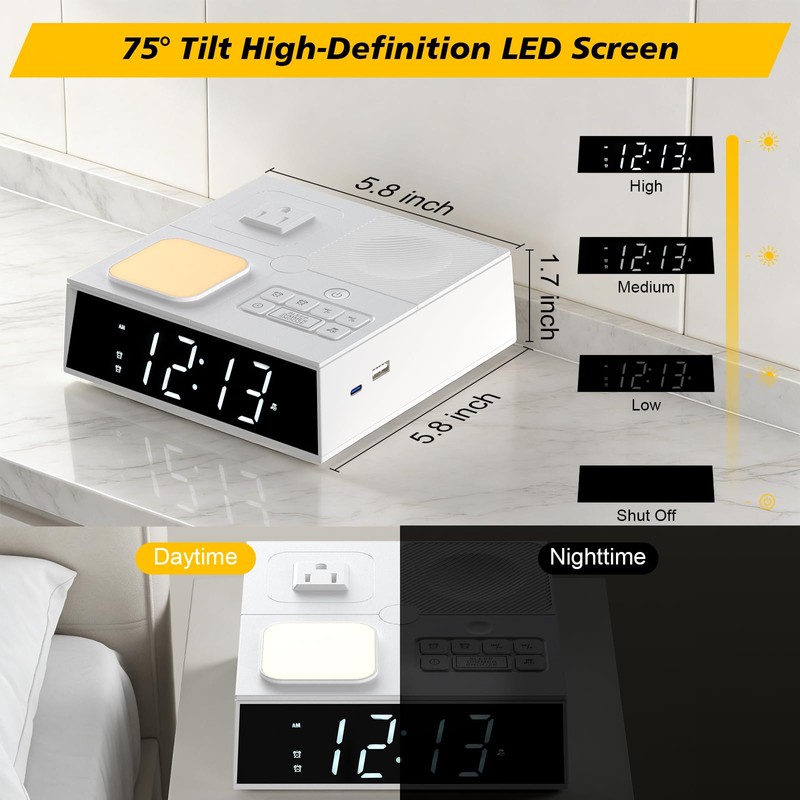 Kungfuking Alarm Clock Power Strip with White Noise, Dual Alarms,