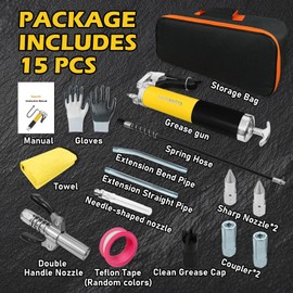 YATOINTO 15 Pcs 14oz Grease Gun Kit,7000 PSI Leak-Proof Spray Grease Gun,18" Spring Hose,Double Handle Nozzle,Coupler,Teflon Tape and Other Accessories,Yellow