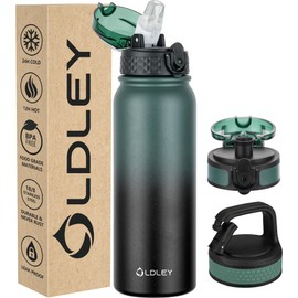 Oldley Insulated Water Bottle 20oz Water Bottles with Straw, Stainless Steel Water Bottle with 3 Lids, Double Wall Vacuum Bottles for Adult Kids, Sports Bottles for School Travel,Green-black