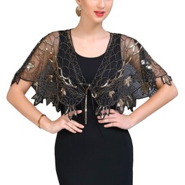 vimate Vintage Wrap Shawl, 1920s Costume Beaded Shawl for Women Gatsby (Style 3-Black & Glod)