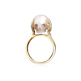 Hand-Carved Pearl Skull Ring for Women Men - 7mm Freshwater Pearl Wedding Promise Anniversary Romantic Punk Gothic Jewelry Gift (Gold Tone, 7.5)
