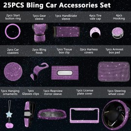 JINGSEN 25PCS Bling Car Parts Set,Bling Car Parts Set Female Universal Fit 15 Inches,Bling Iicense Plate Frame,Bling Center Console Cover,Bling Rearview Mirror Set,Other Car Decorations(Purple)