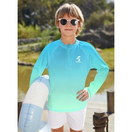 BesserBay Boys' Long-Sleeved Stand-Up Collar UV Shirt 1/4 Zip Rash Guard UPF 50+ Children 110-150, Blue & Mint Green