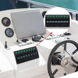 Geloo 8 Gang Marine Rocker Switch Panel, Boat Switch Panel Waterproof, Marine Switches Panel, 12V Aluminum Switch Panel for Car RV Truck Green LED Toggle Switches with Circuit Breaker (Green)