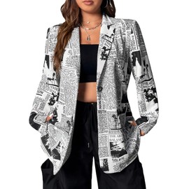 WDIRARA Women's Plus Size Newspaper Print Blazer Lapel Button Padded Shoulder Funky Blazer Jacket Outerwear Multicolor 4XL