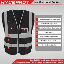HYCOPROT Chaleco reflectante de seguridad de malla de alta visibilidad con bolsillos y cremallera, cumple con las normas ANSI/ISEA.