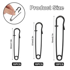Safety Pins, Large, Pack of 30 Safety Pins, Black, Stainless Steel, Heavy Duty Safety Pins, Kilt Pins, Safety Pins Set, for Clothing, Leather, Blankets, Crafts, Skirts (5 cm/5.7 cm/7 cm, 3 Sizes)