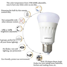 LAMPAOUS White Ambiance 9W E27 Dimmable with Wireless Remote Control 2.4G, 90 Lumens to 800 Lumens, Colour Temperature 2700K to 6500K Warm White, Pure White, Cool White All White Colours