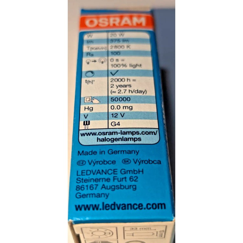 OSRAM 4-PK Osram 64425S 20W 2-pin 12V G4 Made Germany