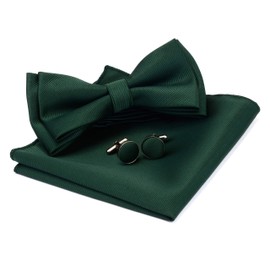 Dark Green Pre-tied Bow Tie Solid Bow Ties Adjustable Length Bowtie and Pocket Square Cufflink Sets (UK0577-02)