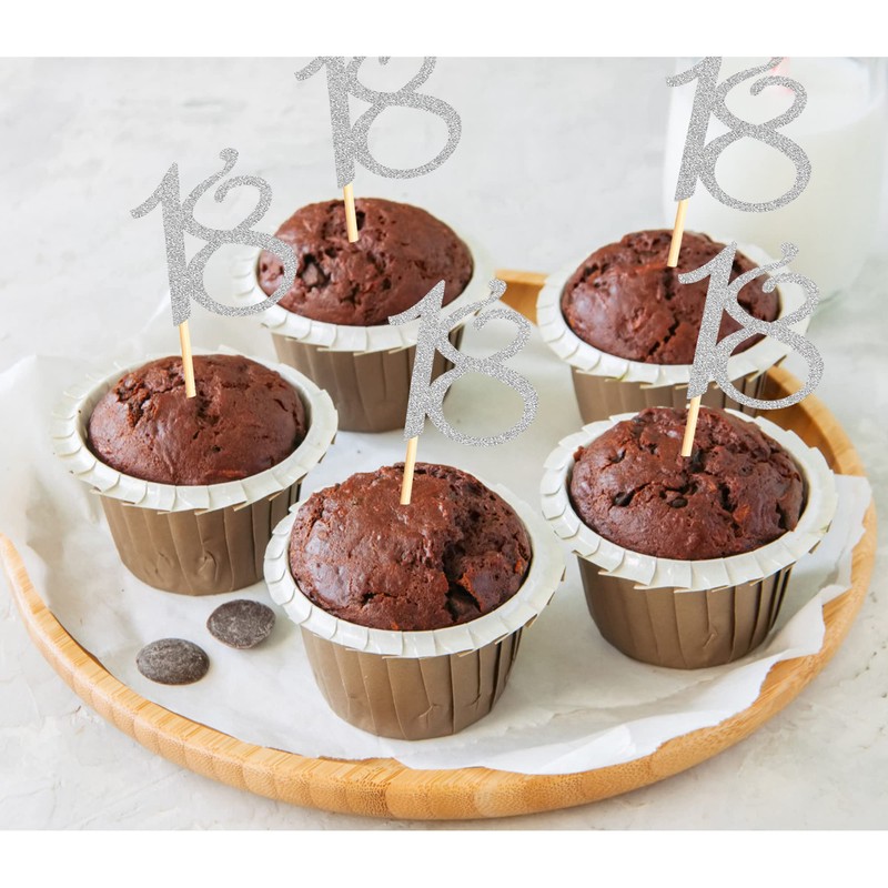 Sumerk 24PCS 18 Cupcake toppers Silver Glitter 18th Birthday Cupcake