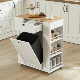 Rolling Kitchen Island with Trash Can Cabinet, 6-Tier Spice Rack, Green