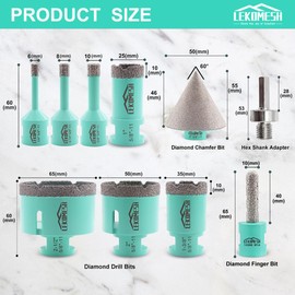 Diamond Core Drill Bits Set - LEKOMESH Tile Hole Saw Kit (6/8/10/25/35/50/65mm+10mm Finger Bit+50mm Chamfer Bit+Adapter) for Porcelain Tile Ceramic Marble Brick Concrete,5/8"-11 Thread