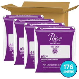 Poise Daily Liners, Incontinence Panty Liners, 2 Drop Very Light Absorbency, Long Length, 176 Count of Pantiliners (4 Packs of 44), Packaging May Vary
