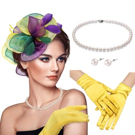 Magibag Women Fascinator Hat With Gloves Pearl Necklace Earrings Kentucky Derby Hat 20s 50s Cocktail Tea Party Wedding (03-Green Purple Yellow)