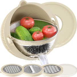 4-1 Colander with Bowl Set - Rotatable Strainers for Kitchen, Food Strainers and Colanders, Funny Presents for Women, Fruit Cleaner, Veggie Wash, Aesthetic Kitchen Gadget Essentials - Beige