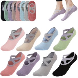 ZANZER (8 Pairs) Yoga Pilates Socks with Straps,Non Slip Grip Sock,Fitness Sport Sock,Grippy Socks for Women Pilates Ballet Barre Barefoot Workout Sock