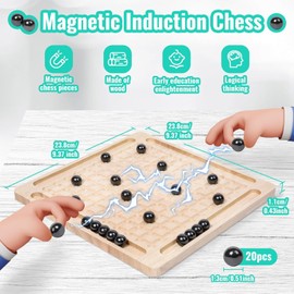 Magnetic Chess Game with Wooden Board, Magnetic Game, with 20 Magnetic Stones, Magnetic Children's Chess Toy, Table Magnetic Game, Portable Chessboard Party for Family Reunions