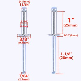 APUXON 30pcs 3/16" x 1" Silver Blind Rivets, 4.8mm x 25mm Pop Rivets, Aluminum Grip and Steel Mandrel