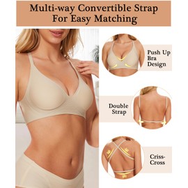 Jenbou Women's Low Back Bra Wirefree Seamless Bras Push Up Backless Bralette Multiway Convertible V Neck Straps Bra Nude
