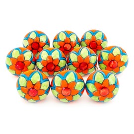 ETHNICITI 10 x Round Multicoloured Floral Design Handmade Ceramic Door Knobs Cupboard Drawer Cabinets Wardrobe Assorted Vintage Shabby Chic Kitchen Bedroom Living Room Furniture Dressers Pulls Handles