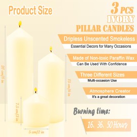 Veiuwa 3 Pcs Ivory Pillar Candles Bulk Set，Hurricane Candles，3 Different Lengths ，Dripless Unscented Smokeless，Gives You a Better Atmosphere When Organizing Wedding or Event Party.
