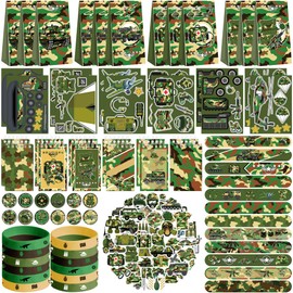 Camo Party Favors, 12 Goodie Bags, 12 Mini Notepads, 12 Rubber Bracelets, 50 Stickers, 12 Assemble Stickers, 12 Button Badges, 12 Slap Bracelets for Army Hunting Military Party Supplies, 122PCS