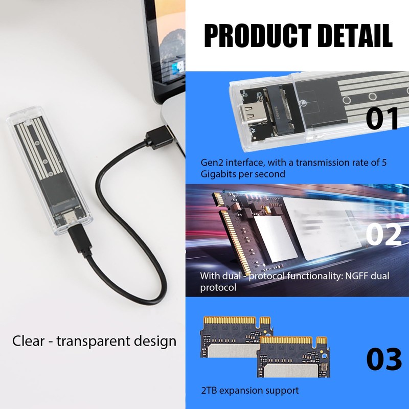 M.2 SSD Transparent Enclosure NGFF USB Adapter, External Hard Drive